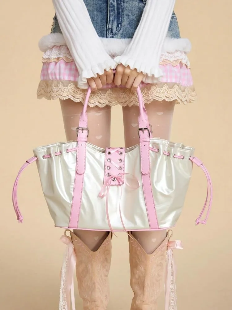 Y2K Tote Bag Women 2025 Vintage Chic Bow Tie Shoulder Bag Underarm Purse Large Capacity E-girls Shopping Handbags