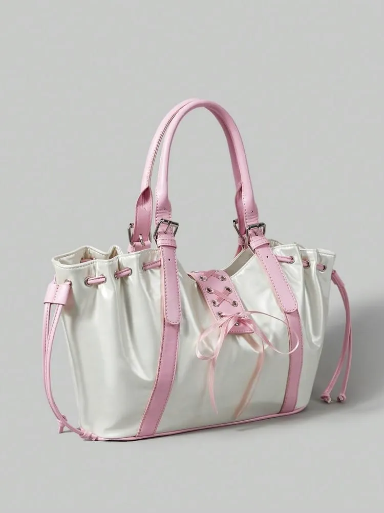 Y2K Tote Bag Women 2025 Vintage Chic Bow Tie Shoulder Bag Underarm Purse Large Capacity E-girls Shopping Handbags