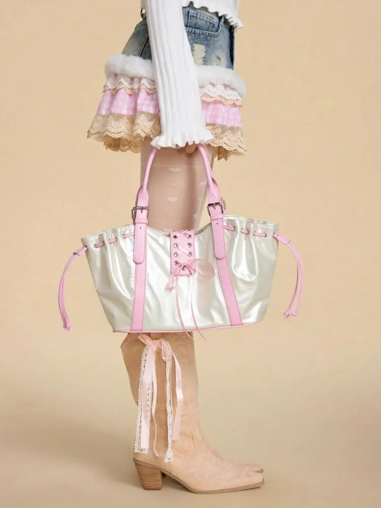 Y2K Tote Bag Women 2025 Vintage Chic Bow Tie Shoulder Bag Underarm Purse Large Capacity E-girls Shopping Handbags