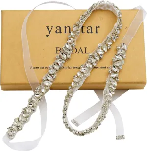 yanstar Handmade Crystal Rhinestone Wedding Bridal Belts With Ribbons For Bridal Dress