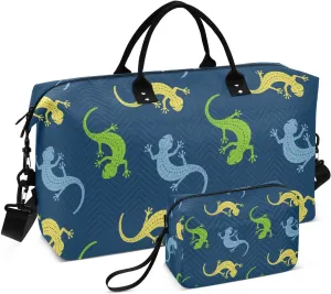 Yellow Green Blue Colorful Lizards Duffel Bag for Gym Yoga Weekender Overnight Quilting Travel Bag Set
