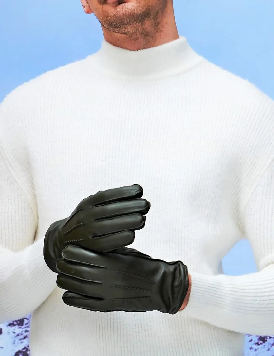 YISEVEN Winter Men's Touchscreen Warm Lambskin Leather Gloves