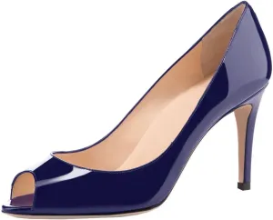 YODEKS Women's Peep Toe High Heel Pumps 8CM Patent Leather Heeled Wedding Office Dress Shoes