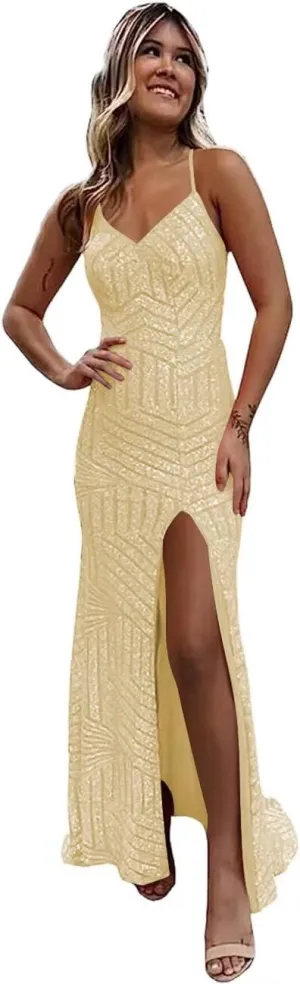 YOFF Sequin V Neck Mermaid Prom Dresses Sparkly Formal Dress Spaghetti Strap Evening Gowns YO095