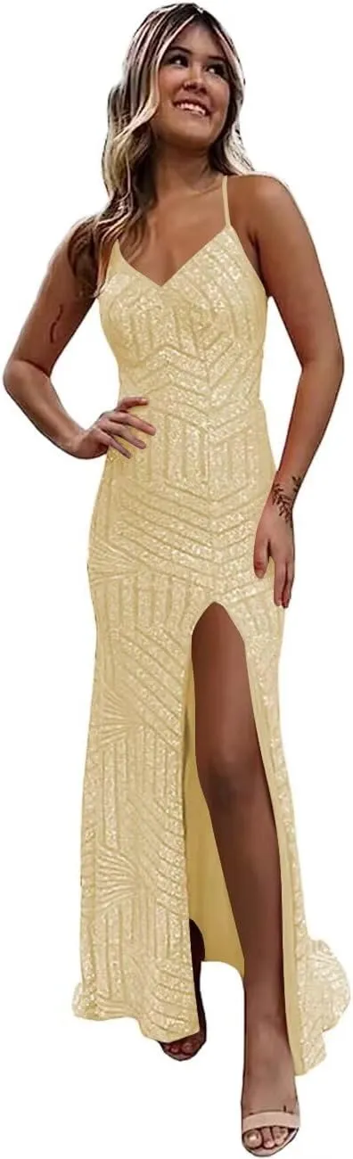 YOFF Sequin V Neck Mermaid Prom Dresses Sparkly Formal Dress Spaghetti Strap Evening Gowns YO095
