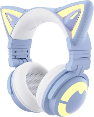 YOWU Cat Ear Headphones CE, Wired/Wireless Blue Gaming Headsets with Seamless Live Sound Experience for PC/PE/Switch/PS4/PS5, Built-in Mic & Customizable RGB Light Effect for Anime Lovers
