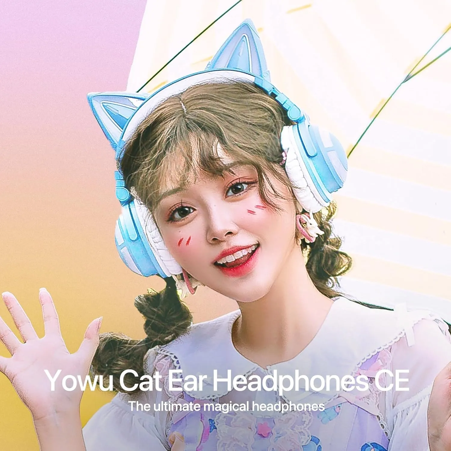 YOWU Cat Ear Headphones CE, Wired/Wireless Blue Gaming Headsets with Seamless Live Sound Experience for PC/PE/Switch/PS4/PS5, Built-in Mic & Customizable RGB Light Effect for Anime Lovers