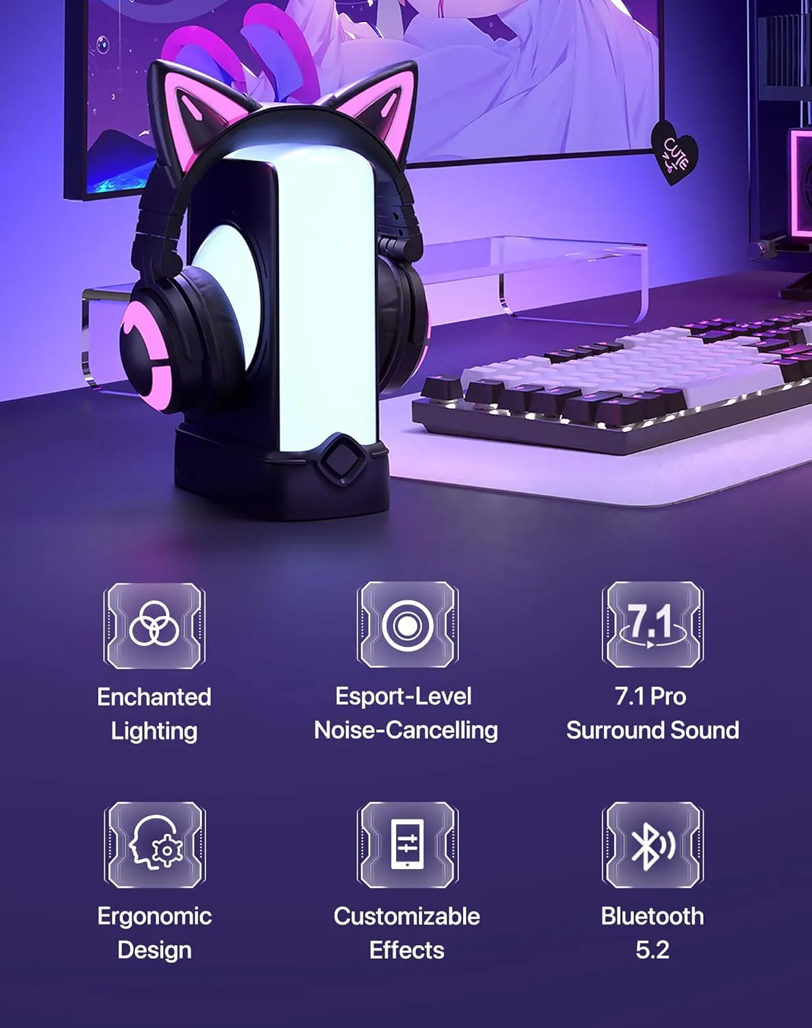 YOWU Cat Ear Headphones CE, Wired/Wireless Pink Gaming Headsets with Seamless Live Sound Experience for PC/PE/Switch/PS4/PS5, Built-in Mic & Customizable RGB Light Effect for Anime Lovers
