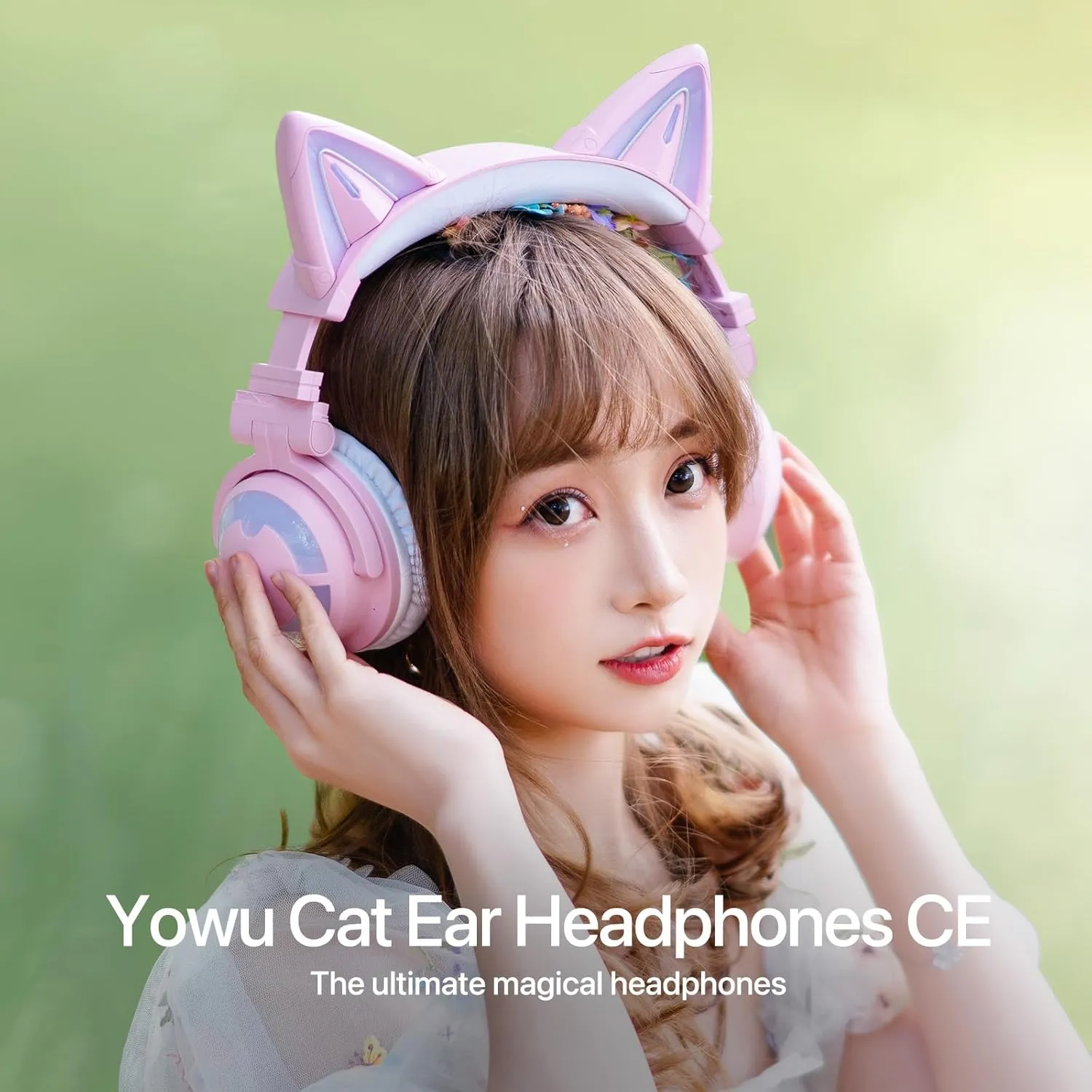YOWU Cat Ear Headphones CE, Wired/Wireless Pink Gaming Headsets with Seamless Live Sound Experience for PC/PE/Switch/PS4/PS5, Built-in Mic & Customizable RGB Light Effect for Anime Lovers