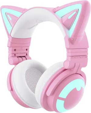 YOWU Cat Ear Headphones CE, Wired/Wireless Pink Gaming Headsets with Seamless Live Sound Experience for PC/PE/Switch/PS4/PS5, Built-in Mic & Customizable RGB Light Effect for Anime Lovers