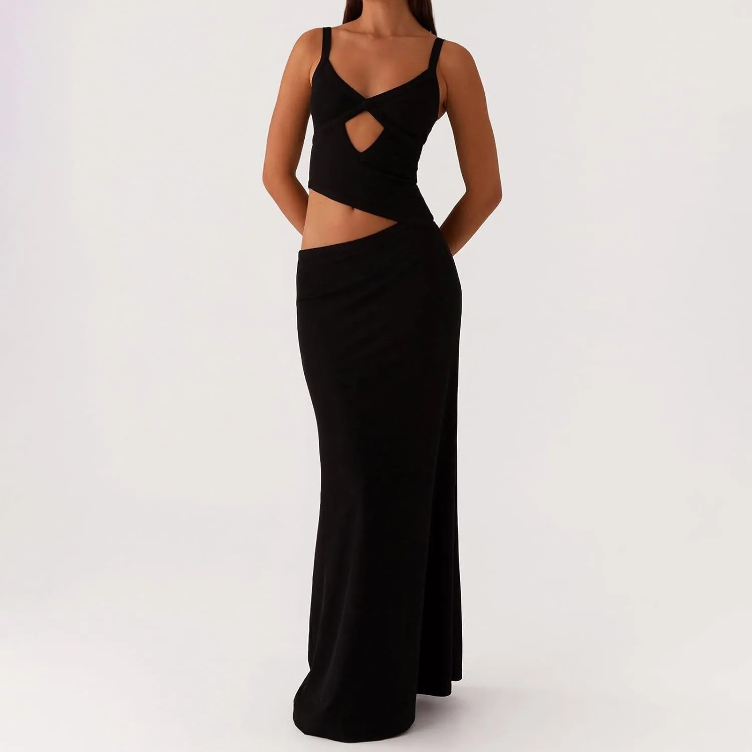 Yuemengxuan Women Sexy Backless Lace up Maxi Dress Elegant Spaghetti Strap Hollow Out Long Dress Party Streetwear