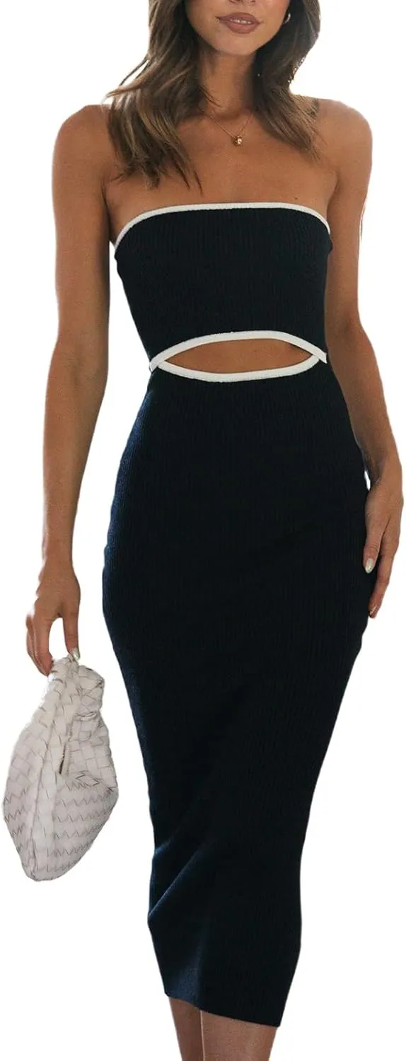 Yuemengxuan Women Sexy Backless Lace up Maxi Dress Elegant Spaghetti Strap Hollow Out Long Dress Party Streetwear
