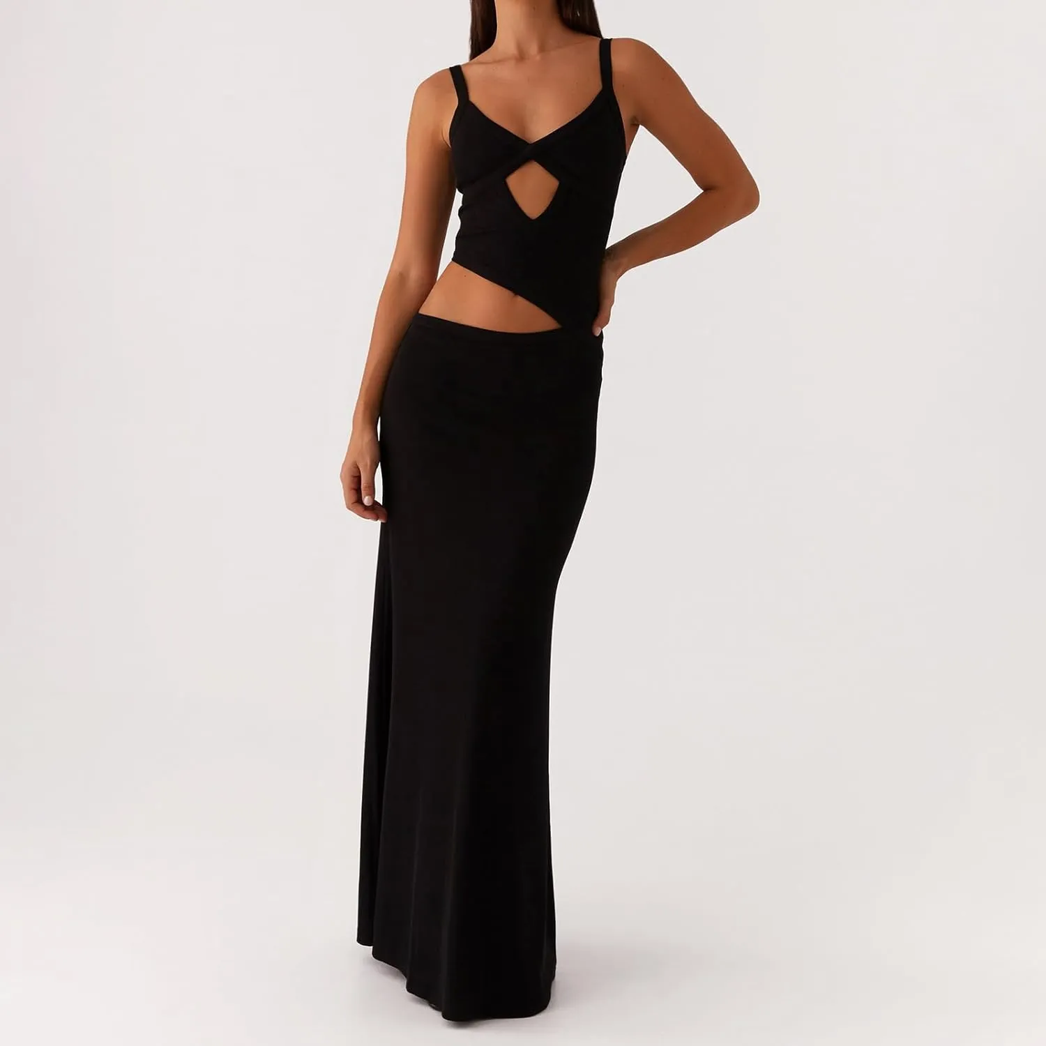 Yuemengxuan Women Sexy Backless Lace up Maxi Dress Elegant Spaghetti Strap Hollow Out Long Dress Party Streetwear
