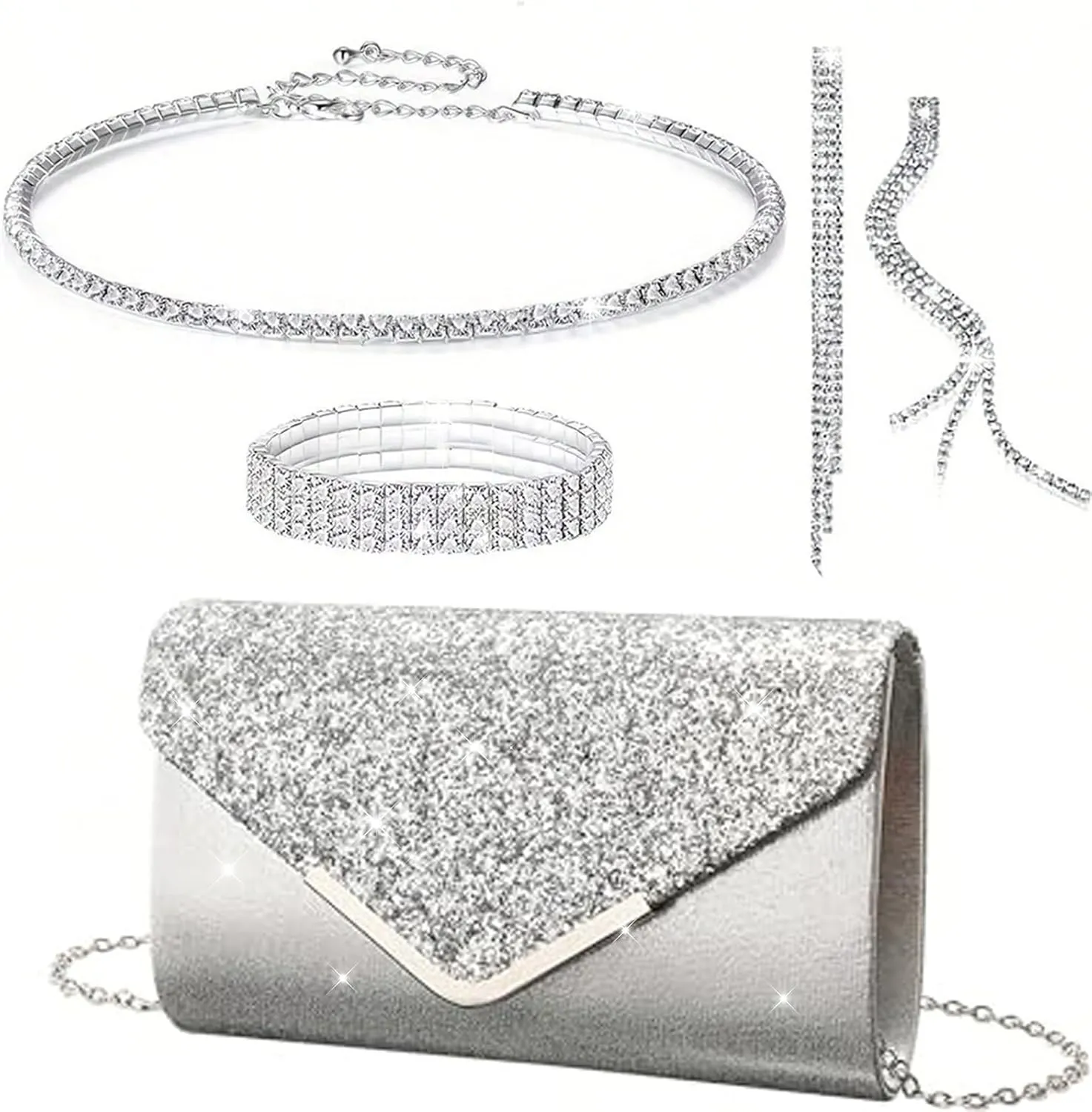 YYW 4 Pieces Women Evening Handbags Clutch Purse Bag with Rhinestone Crystal Jewelry Set for Wedding Party