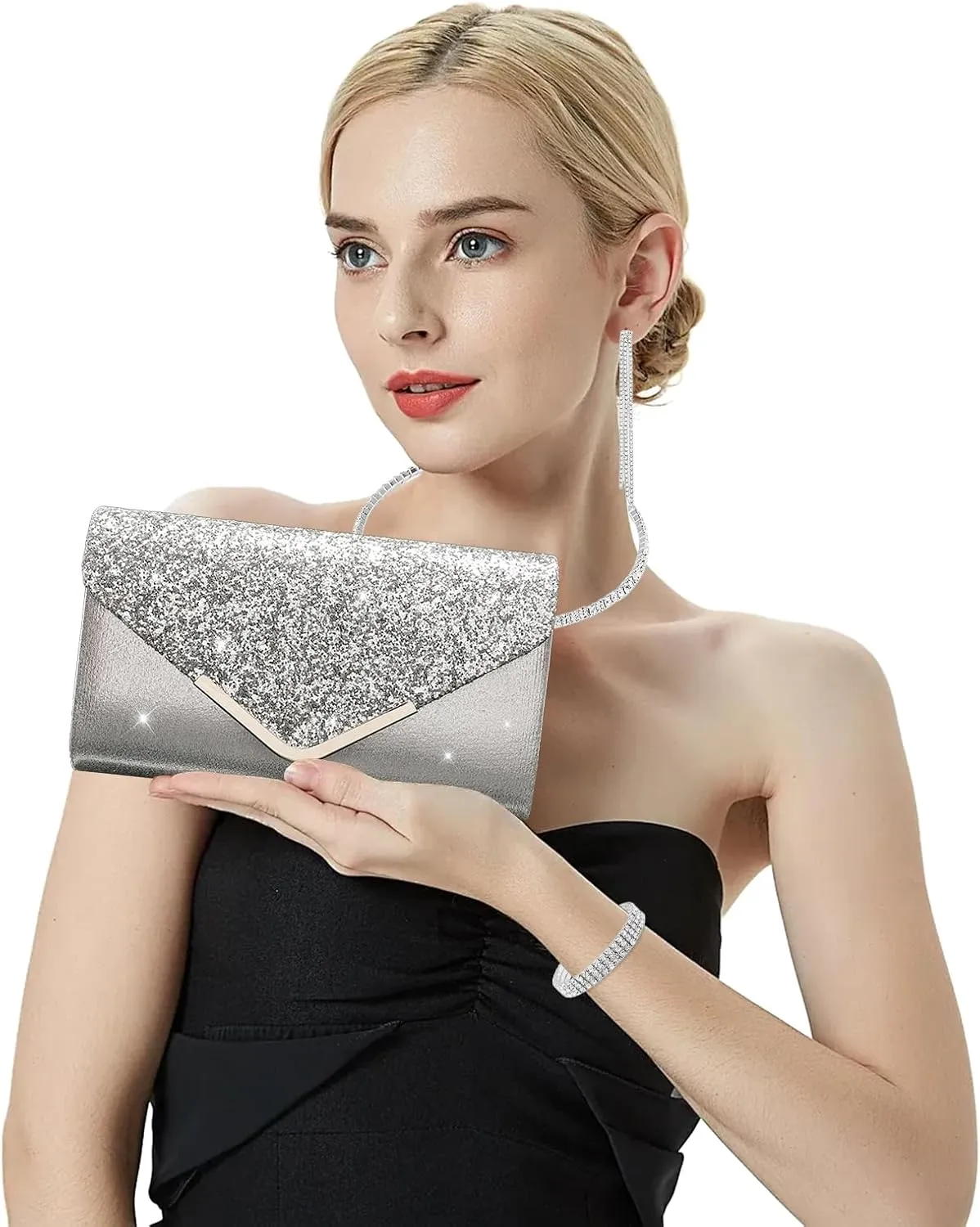 YYW 4 Pieces Women Evening Handbags Clutch Purse Bag with Rhinestone Crystal Jewelry Set for Wedding Party
