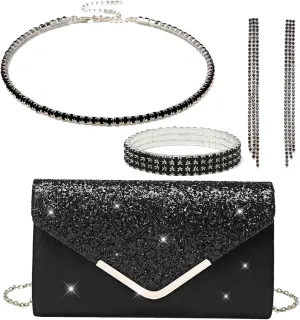 YYW 4 Pieces Women Evening Handbags Clutch Purse Bag with Rhinestone Crystal Jewelry Set for Wedding Party
