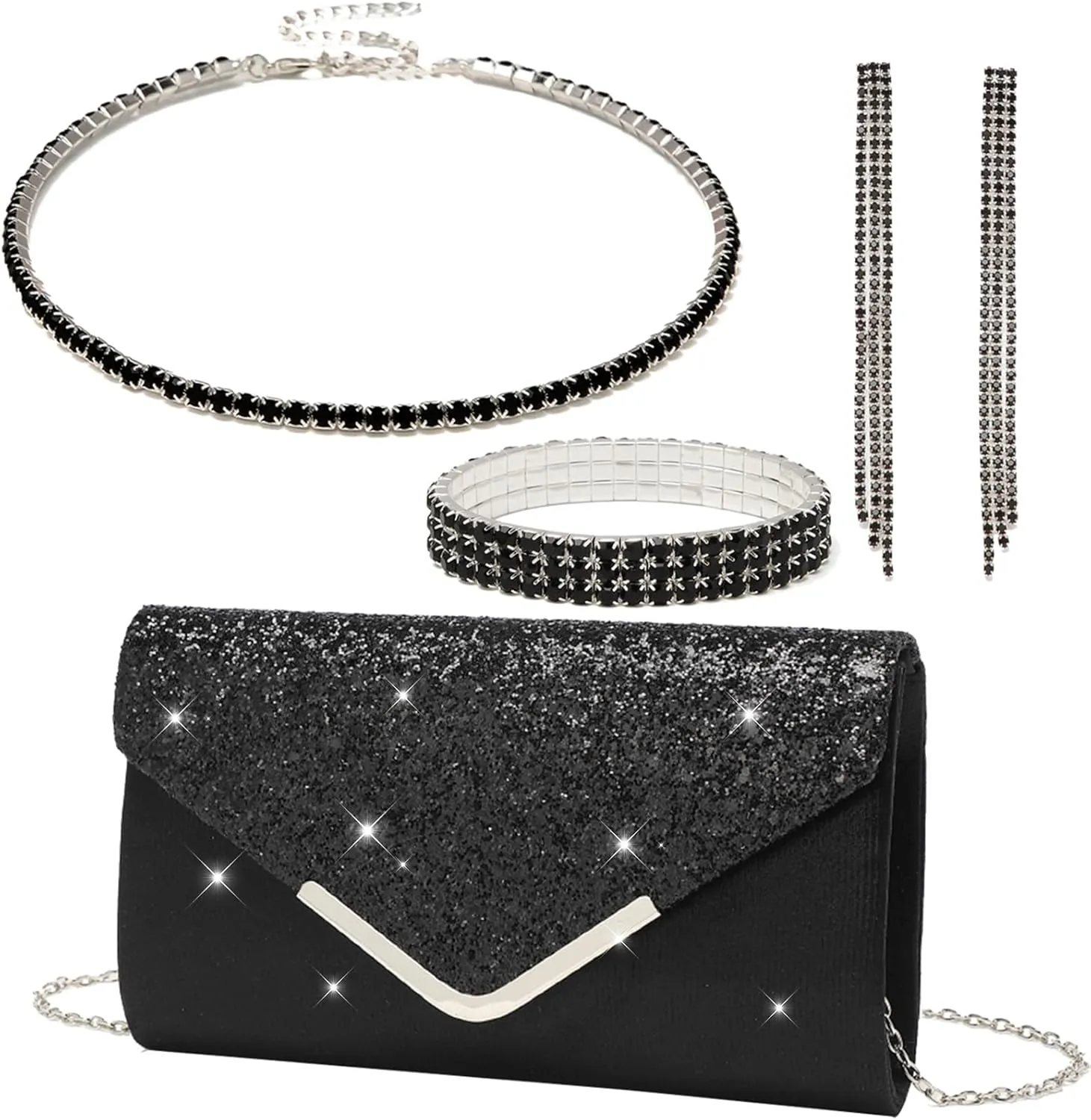 YYW 4 Pieces Women Evening Handbags Clutch Purse Bag with Rhinestone Crystal Jewelry Set for Wedding Party