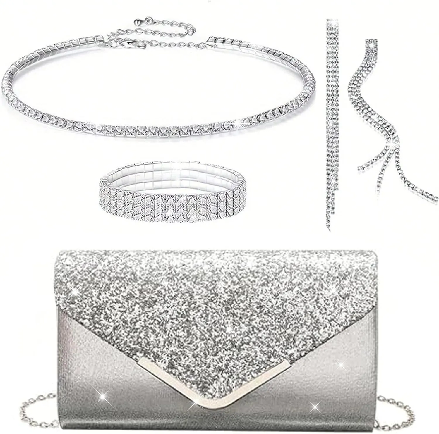 YYW 4 Pieces Women Evening Handbags Clutch Purse Bag with Rhinestone Crystal Jewelry Set for Wedding Party