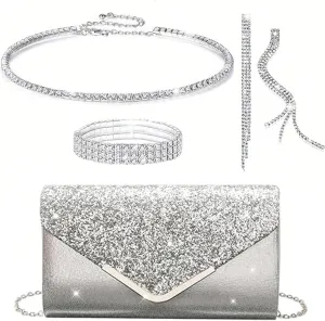 YYW 4 Pieces Women Evening Handbags Clutch Purse Bag with Rhinestone Crystal Jewelry Set for Wedding Party