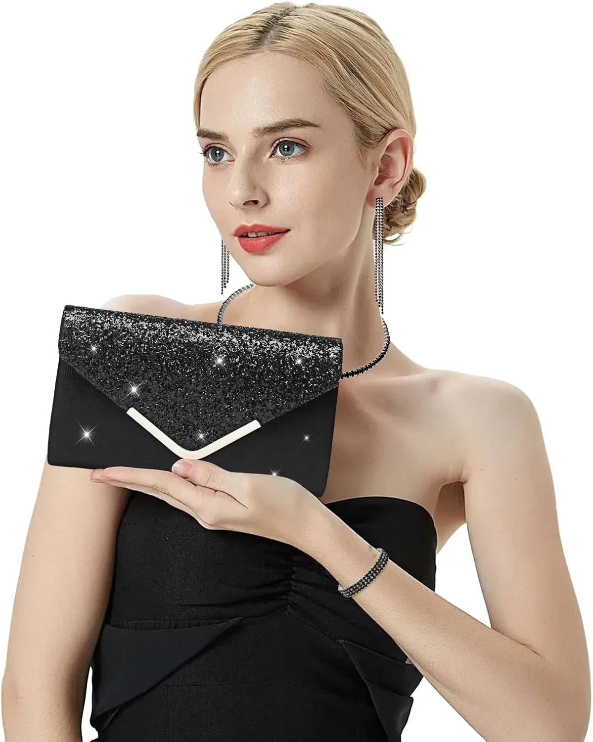 YYW 4 Pieces Women Evening Handbags Clutch Purse Bag with Rhinestone Crystal Jewelry Set for Wedding Party