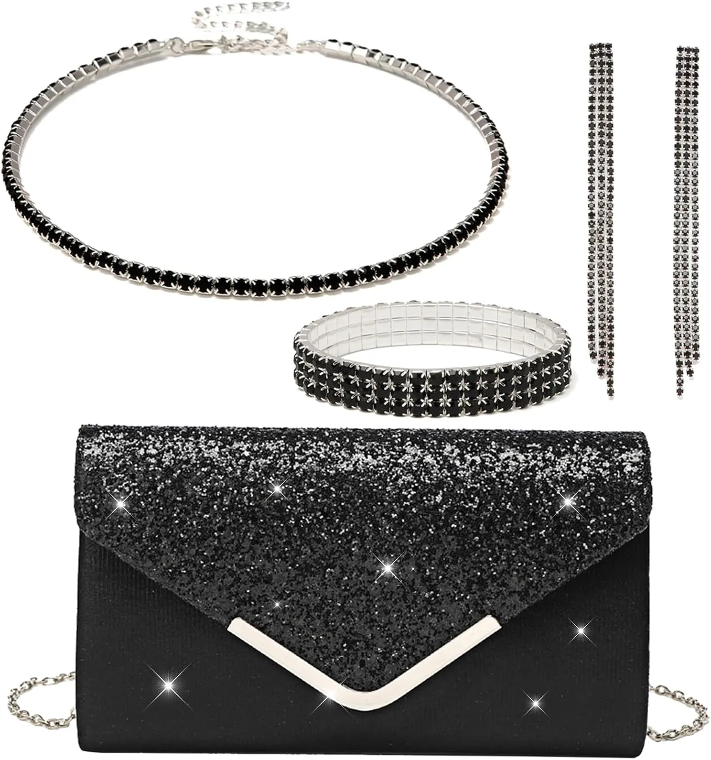 YYW 4 Pieces Women Evening Handbags Clutch Purse Bag with Rhinestone Crystal Jewelry Set for Wedding Party
