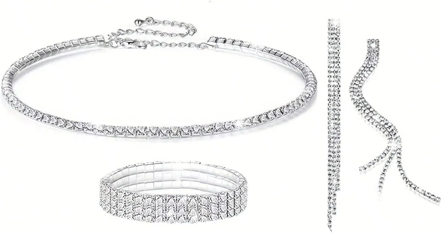 YYW 4 Pieces Women Evening Handbags Clutch Purse Bag with Rhinestone Crystal Jewelry Set for Wedding Party