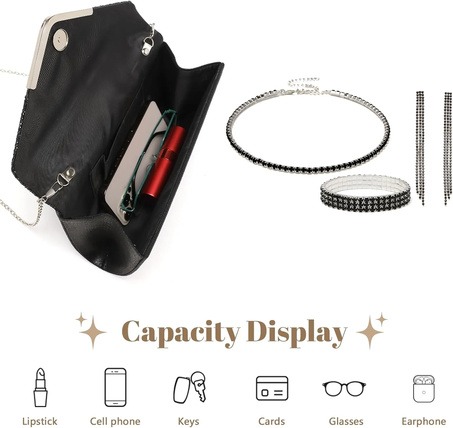 YYW 4 Pieces Women Evening Handbags Clutch Purse Bag with Rhinestone Crystal Jewelry Set for Wedding Party