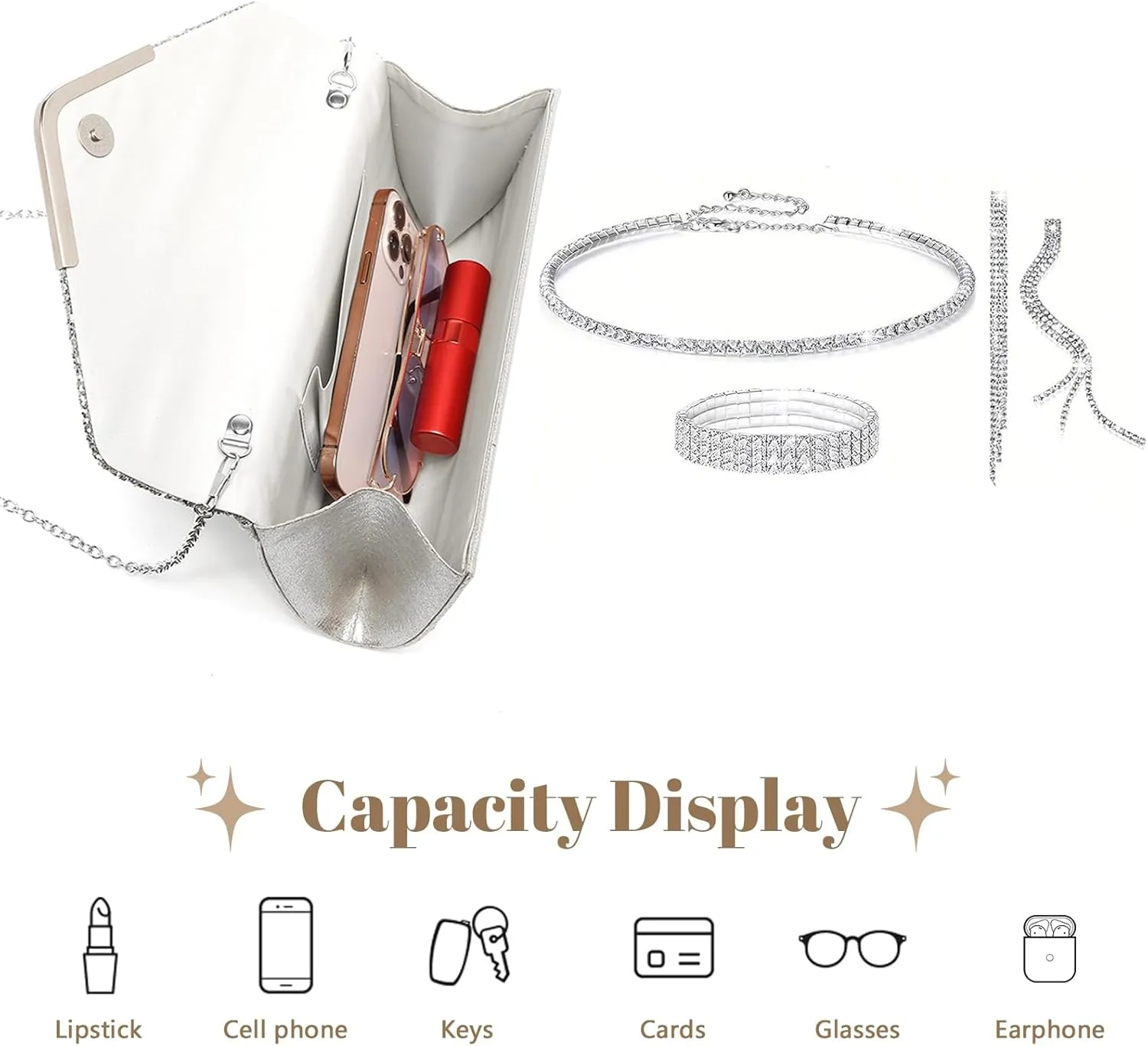 YYW 4 Pieces Women Evening Handbags Clutch Purse Bag with Rhinestone Crystal Jewelry Set for Wedding Party