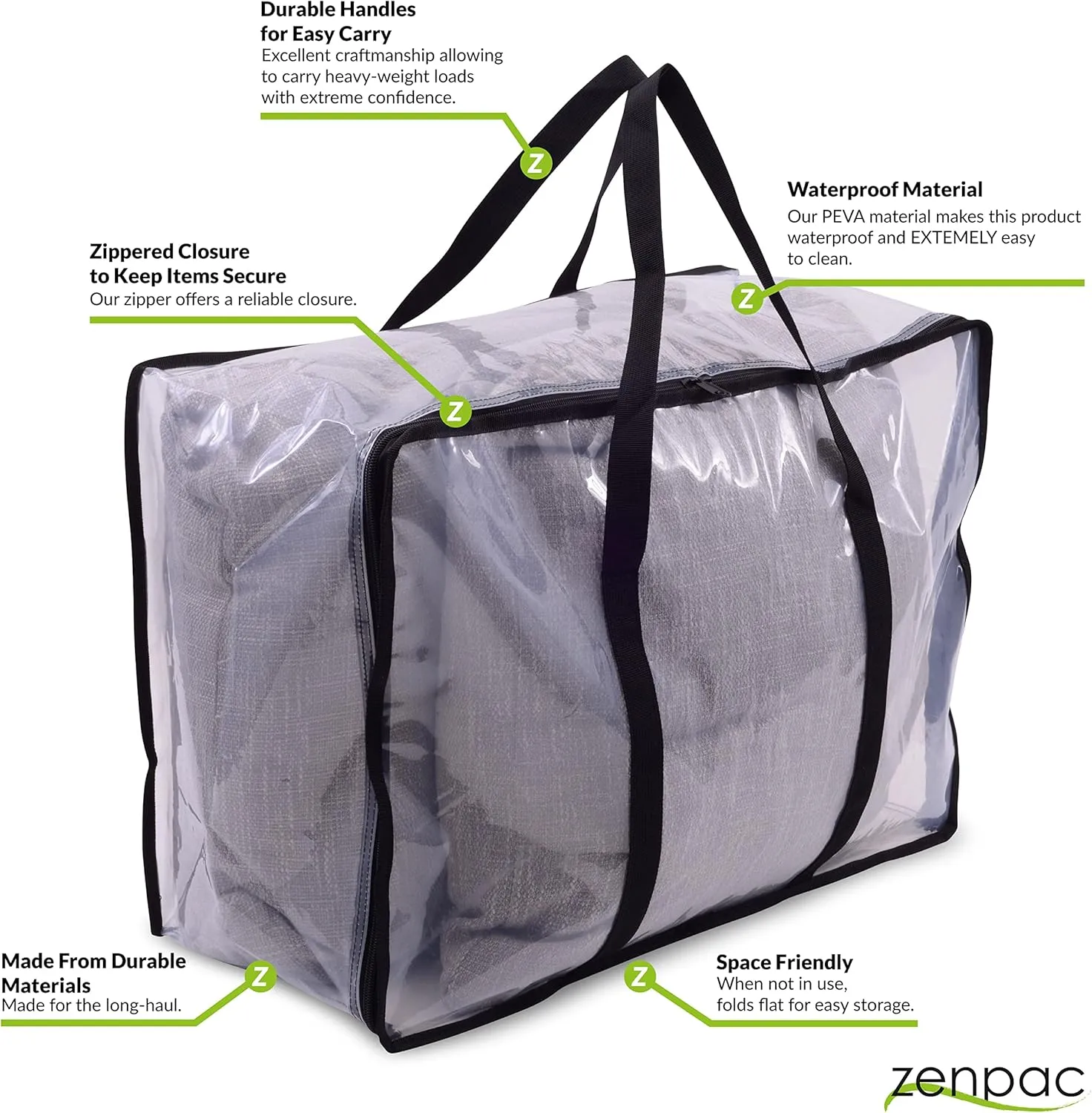 ZENPAC Zippered Clear Storage Bags, Heavy Duty Waterproof Container for Comforters, Quilts, Clothing, Linens, Blankets, Moving Bulk, 21.6x10x15.7 3 Pack