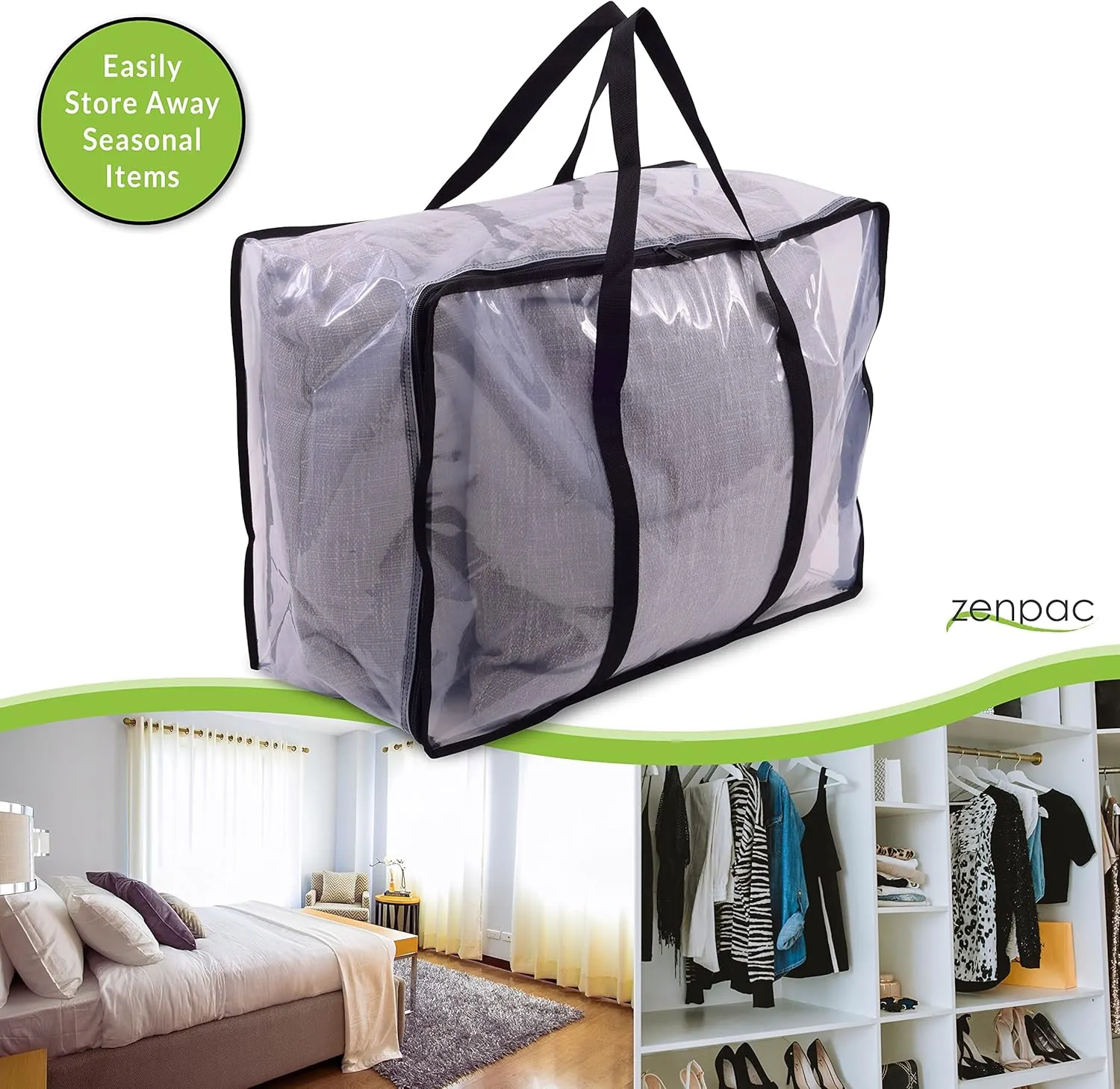 ZENPAC Zippered Clear Storage Bags, Heavy Duty Waterproof Container for Comforters, Quilts, Clothing, Linens, Blankets, Moving Bulk, 21.6x10x15.7 3 Pack
