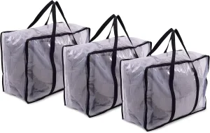 ZENPAC Zippered Clear Storage Bags, Heavy Duty Waterproof Container for Comforters, Quilts, Clothing, Linens, Blankets, Moving Bulk, 21.6x10x15.7 3 Pack