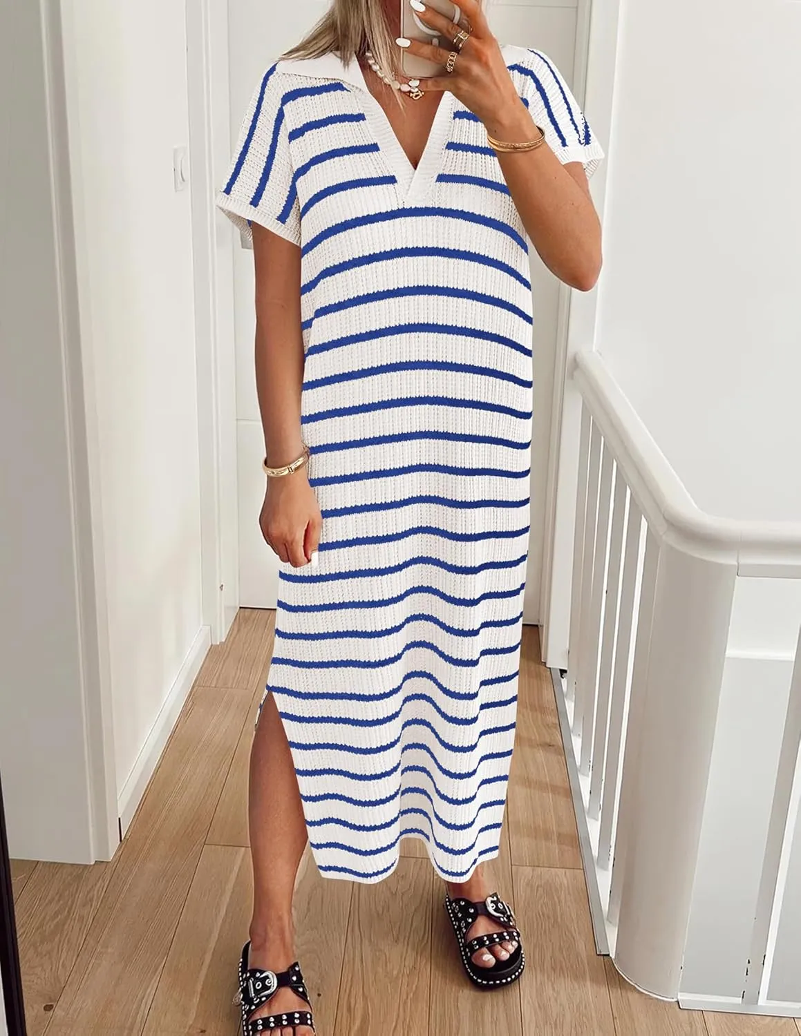 ZESICA Women's Summer Striped Midi Dress 2025 Casual Short Sleeve V Neck Loose Knitted Side Slit Long Sweater Dresses
