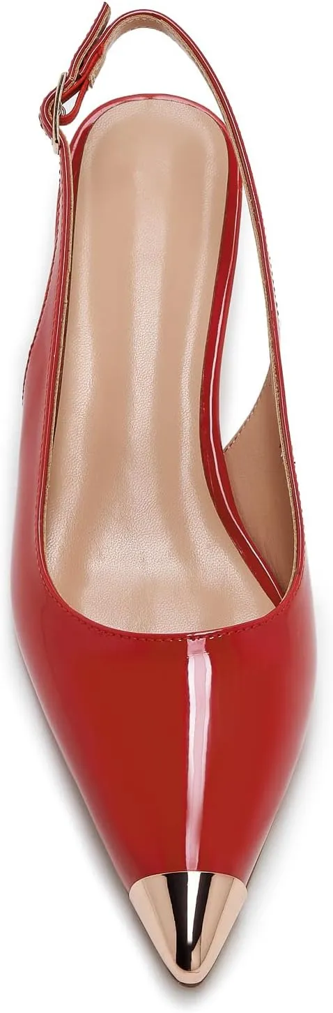 ZXHYZLZ Kitten Heels For Women Metal Pointed Toe Slingback 2-inch Comfortable Low Pumps Closed Toe Adjustable Sling