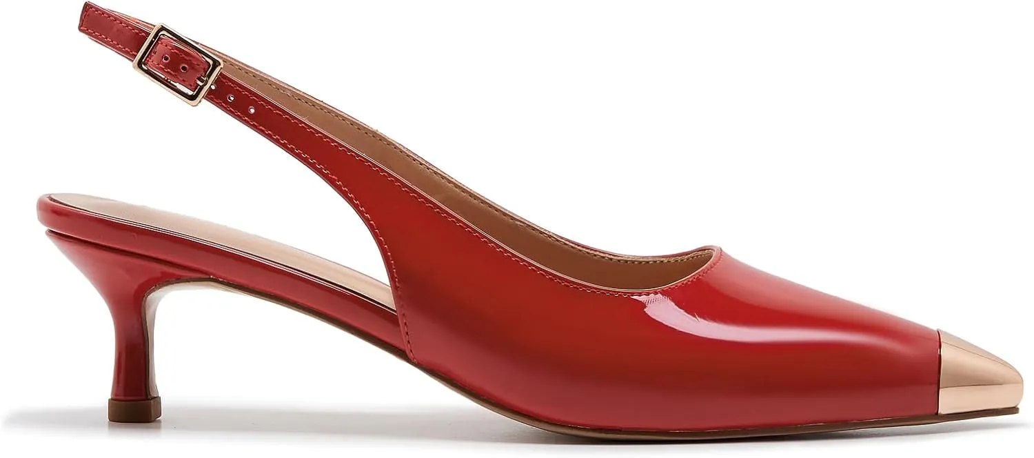 ZXHYZLZ Kitten Heels For Women Metal Pointed Toe Slingback 2-inch Comfortable Low Pumps Closed Toe Adjustable Sling