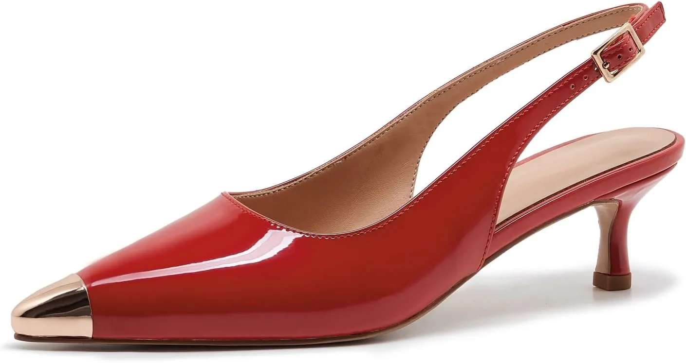 ZXHYZLZ Kitten Heels For Women Metal Pointed Toe Slingback 2-inch Comfortable Low Pumps Closed Toe Adjustable Sling