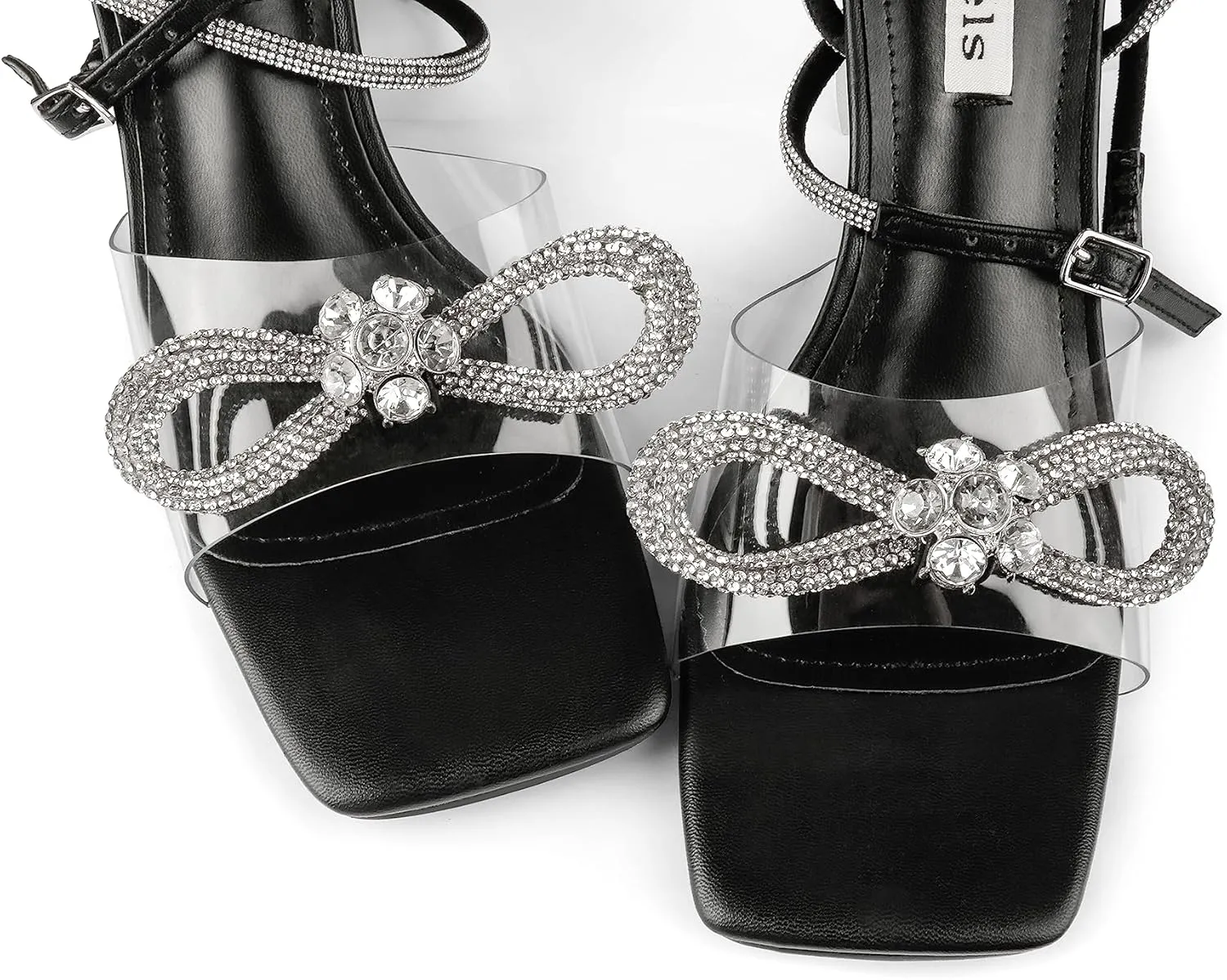 Zzheels Double Bowknots Crystal Sandals Clear Slingback Heels Square Toe Shoes for Party Wedding