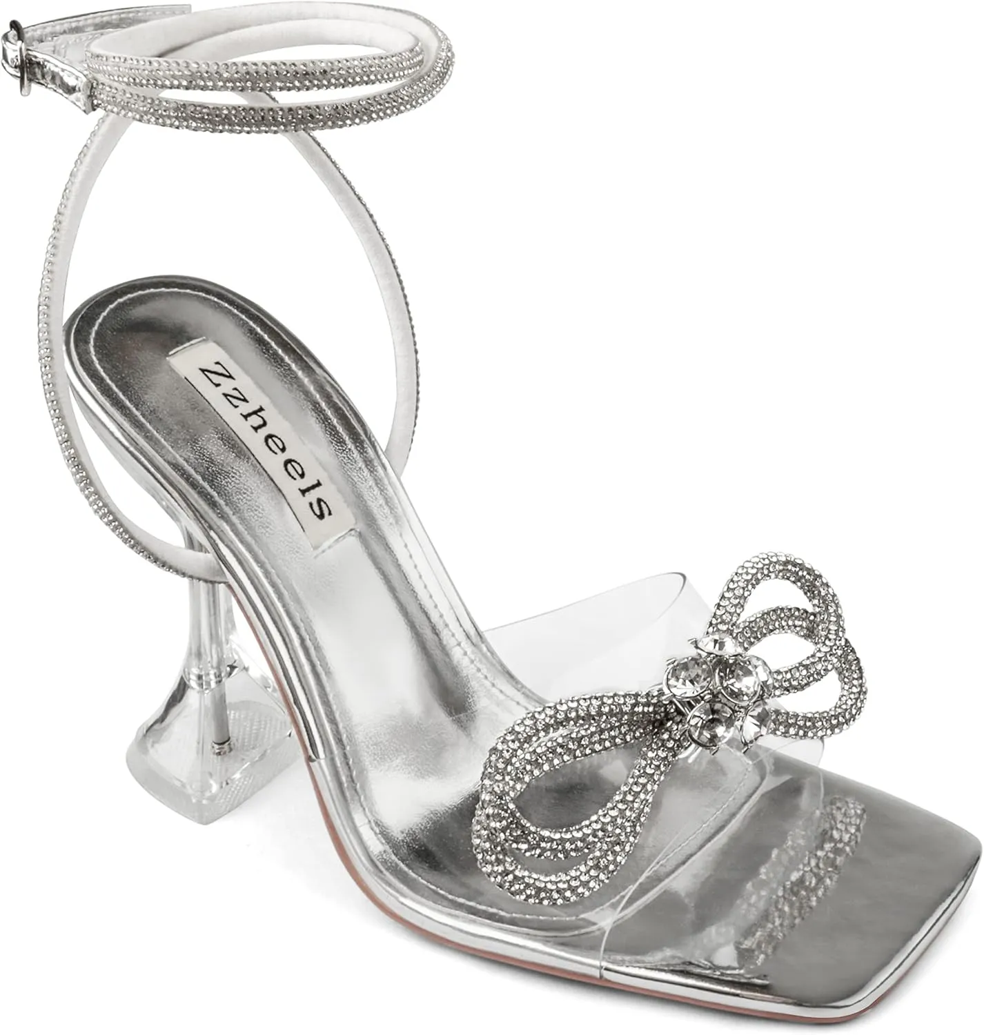 Zzheels Double Bowknots Crystal Sandals Clear Slingback Heels Square Toe Shoes for Party Wedding