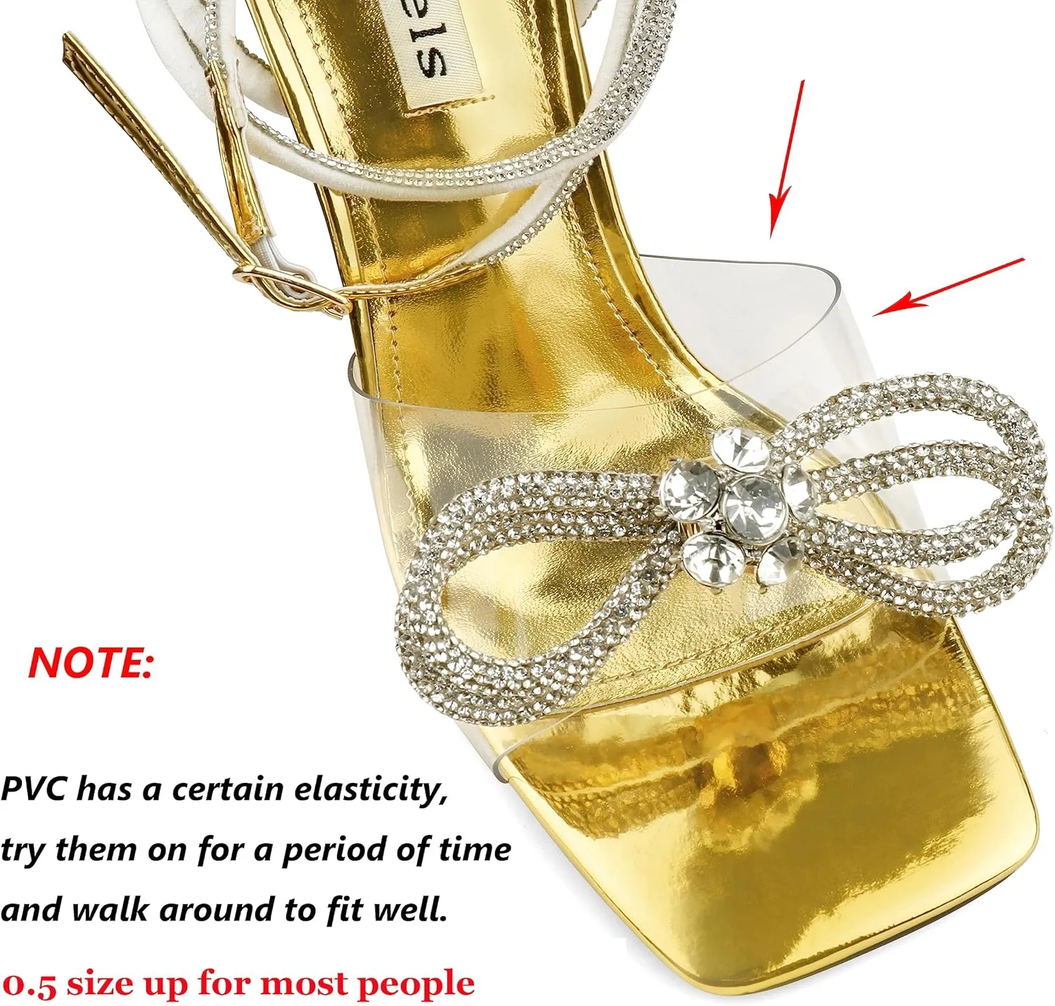Zzheels Double Bowknots Crystal Sandals Clear Slingback Heels Square Toe Shoes for Party Wedding