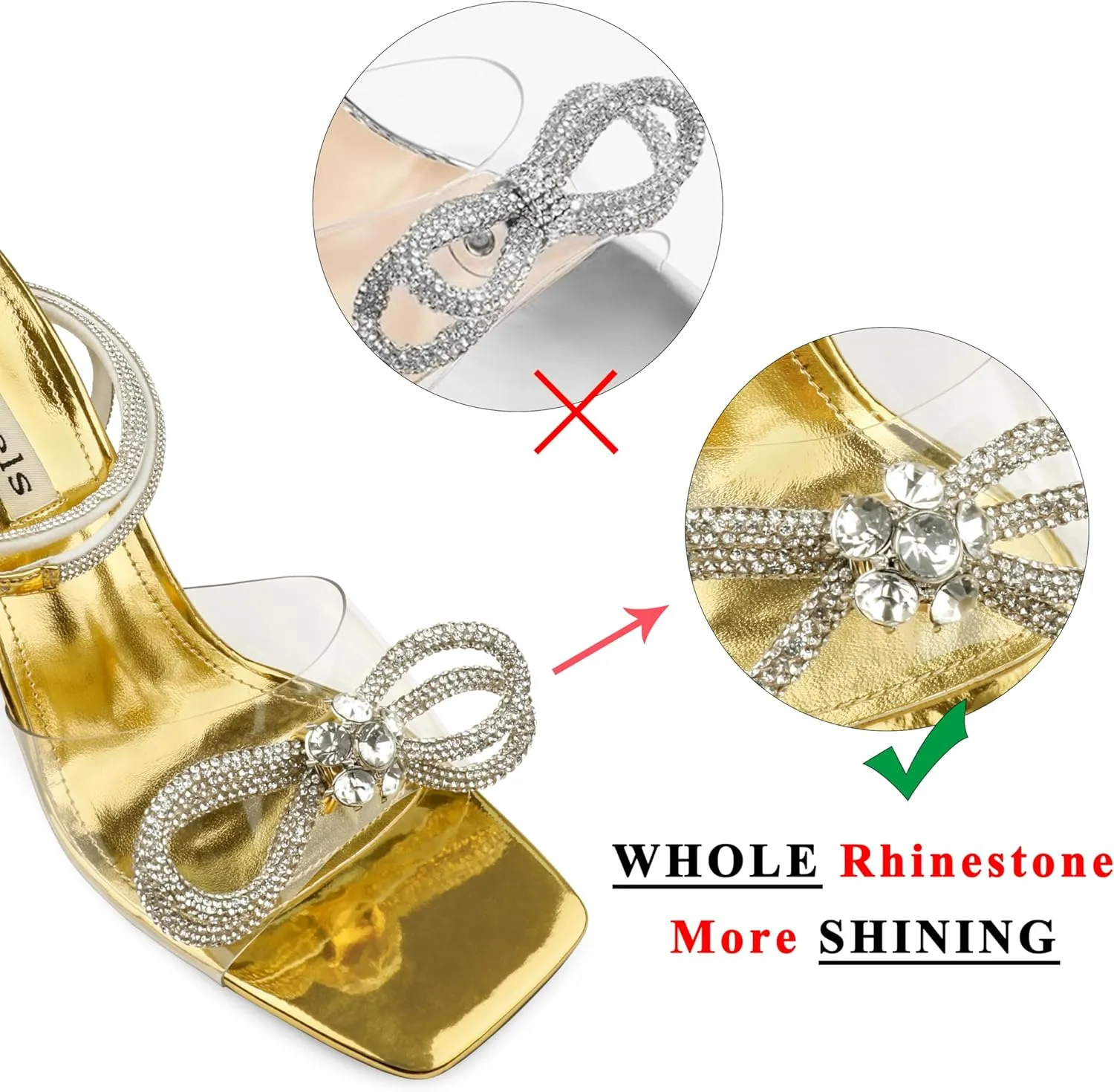 Zzheels Double Bowknots Crystal Sandals Clear Slingback Heels Square Toe Shoes for Party Wedding