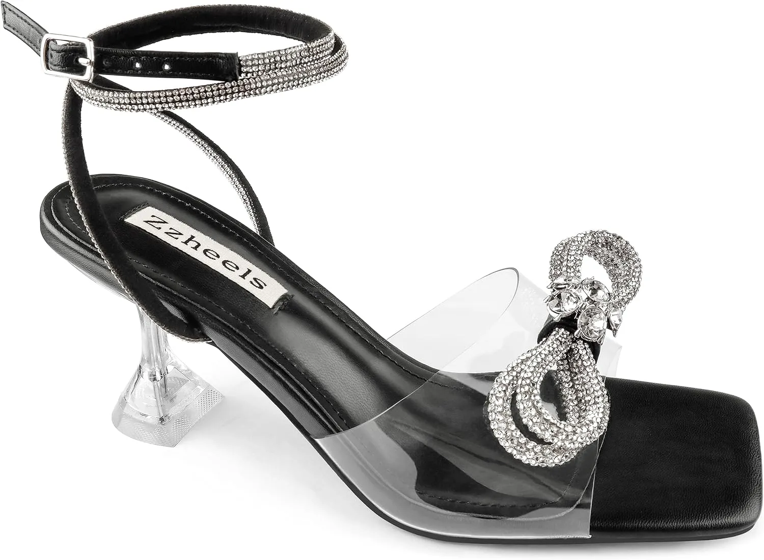Zzheels Double Bowknots Crystal Sandals Clear Slingback Heels Square Toe Shoes for Party Wedding