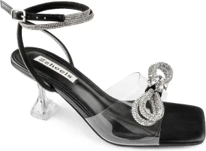Zzheels Double Bowknots Crystal Sandals Clear Slingback Heels Square Toe Shoes for Party Wedding