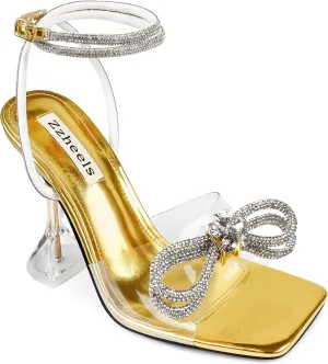 Zzheels Double Bowknots Crystal Sandals Clear Slingback Heels Square Toe Shoes for Party Wedding