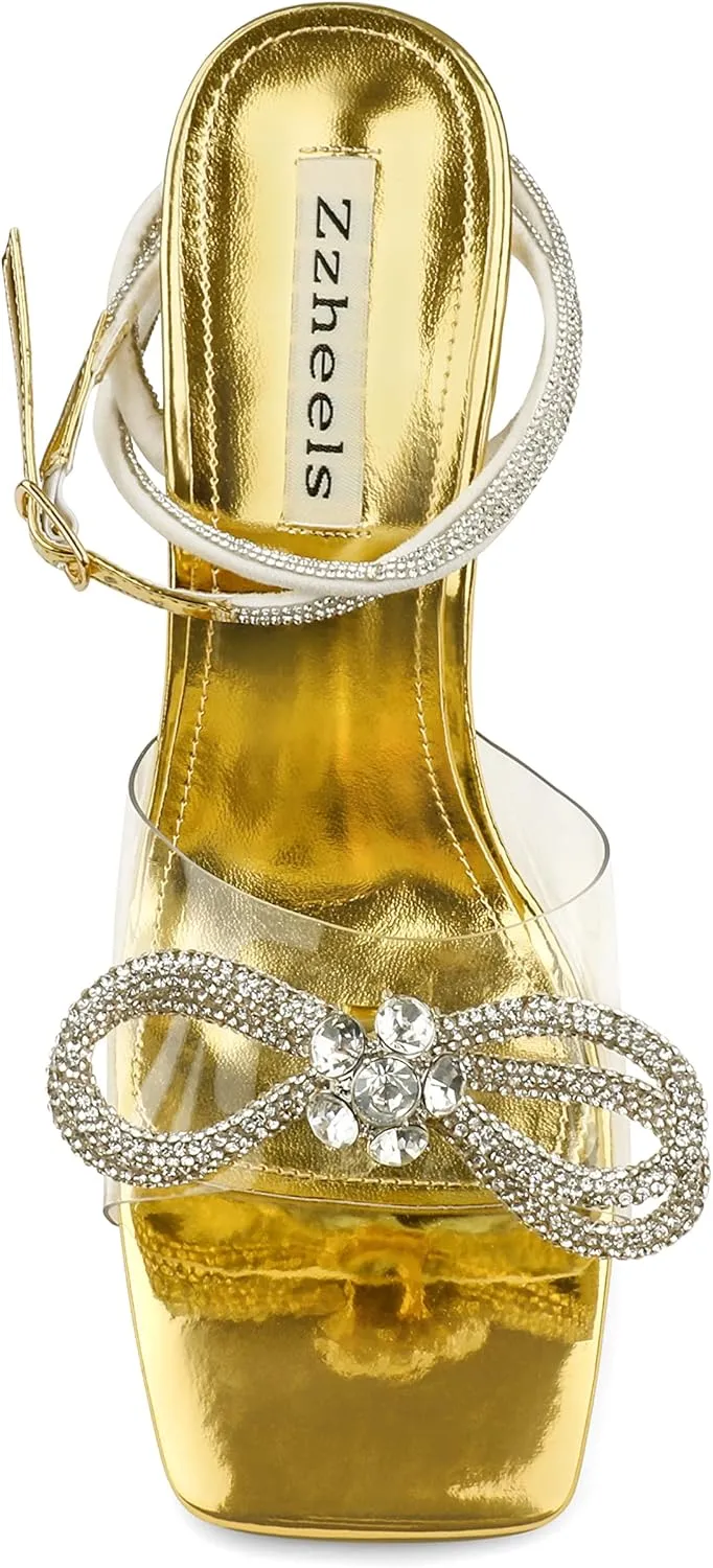 Zzheels Double Bowknots Crystal Sandals Clear Slingback Heels Square Toe Shoes for Party Wedding