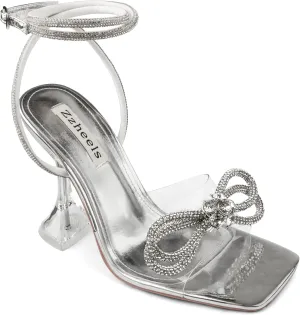 Zzheels Double Bowknots Crystal Sandals Clear Slingback Heels Square Toe Shoes for Party Wedding