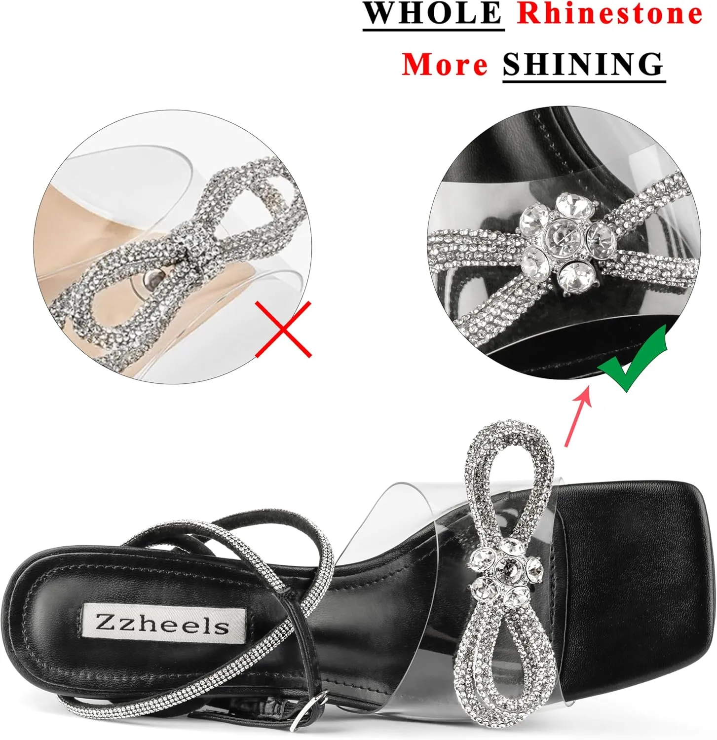 Zzheels Double Bowknots Crystal Sandals Clear Slingback Heels Square Toe Shoes for Party Wedding