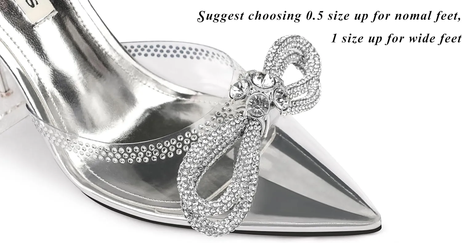 Zzheels Women Bowknot Clear Heels Crystal Slingback Sandals Lace-up Shoes for Party Dating